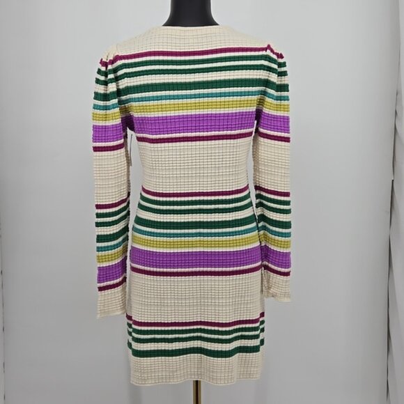 FREE PEOPLE Striped Ivory V Neck Gidget Sweater Dress Green Purple Size Small - Picture 9 of 13
